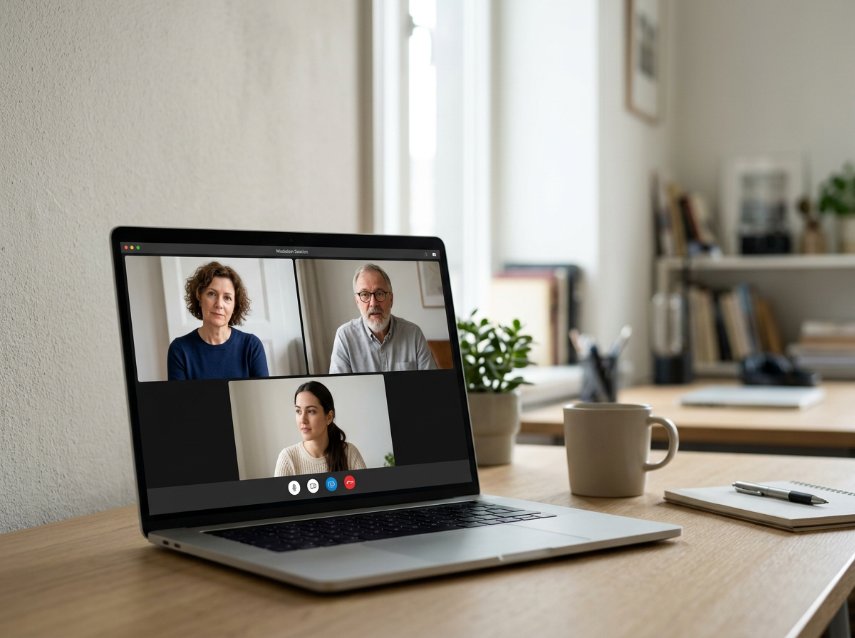 Online mediation session on a laptop screen showing three people in a video call