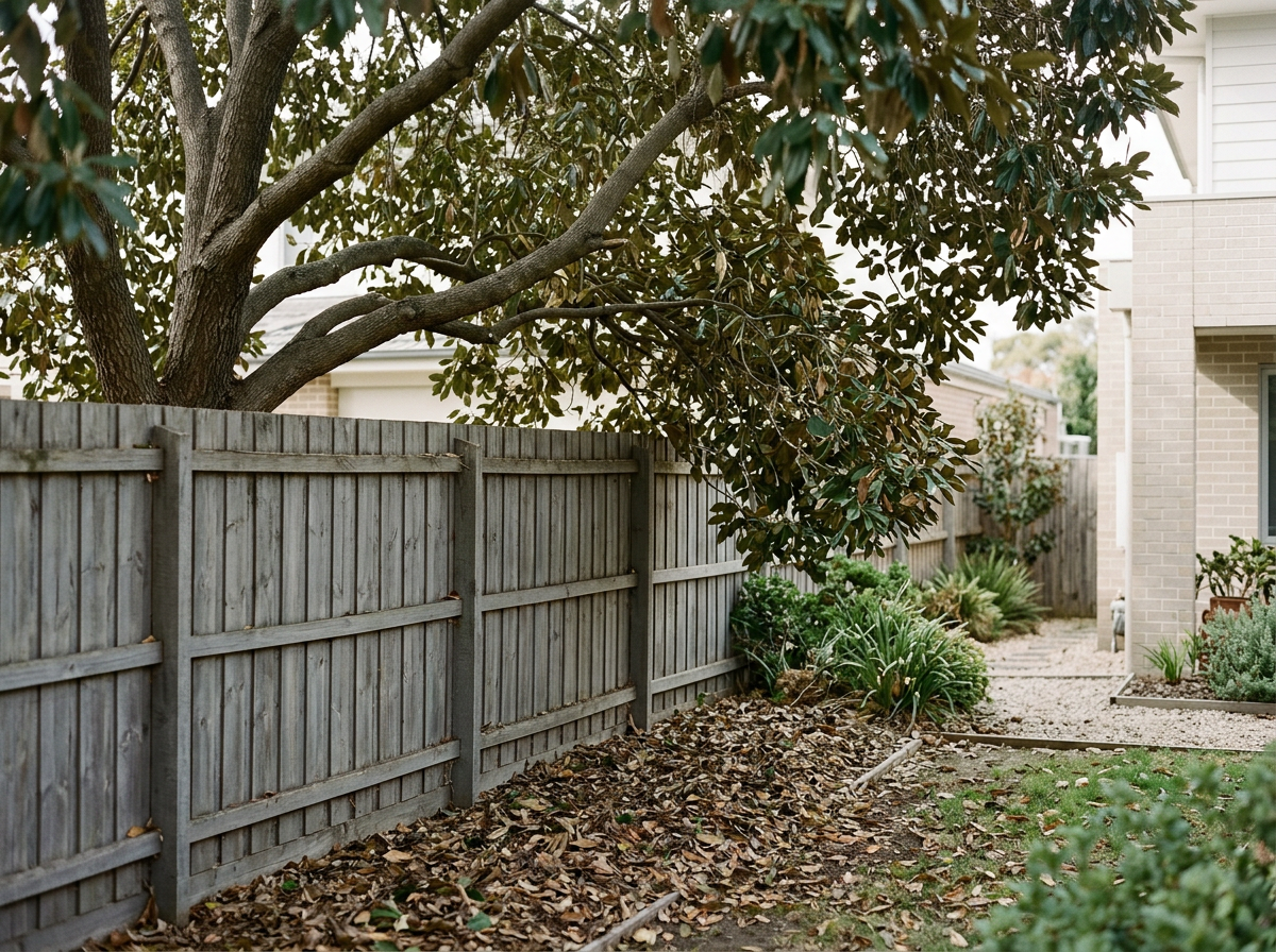 Residential backyard with a tall tree and a wooden fence, with plants and leaves on the ground.