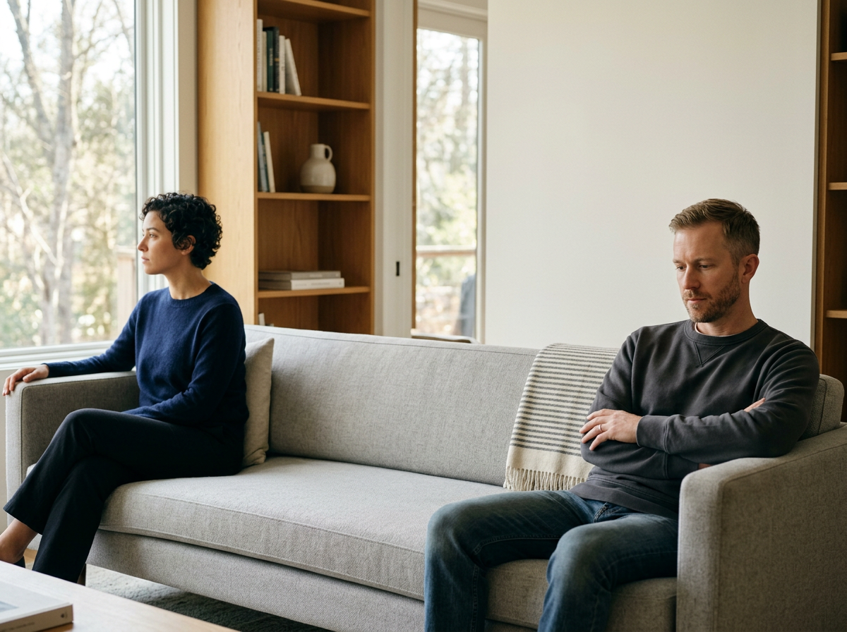 Two people sitting at a distance on a sofa, looking in different directions — representing the emotional distance that can grow between partners