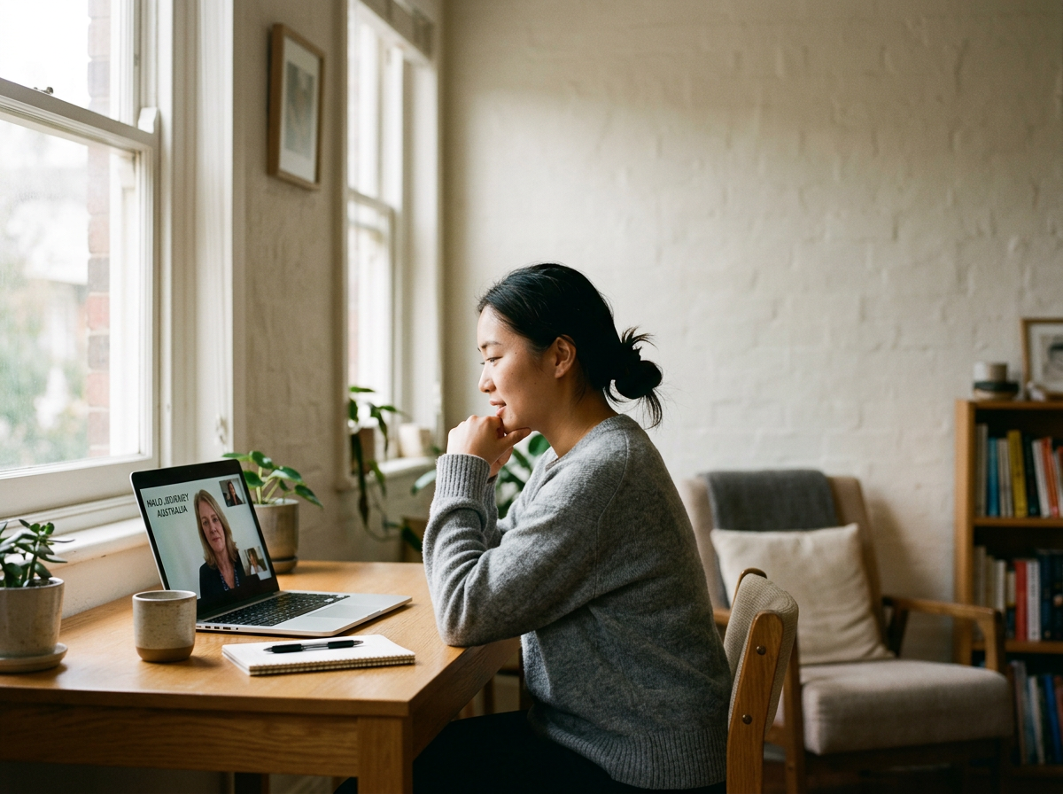 Young person on a laptop at home during an online counselling session with Halo Journey Australia