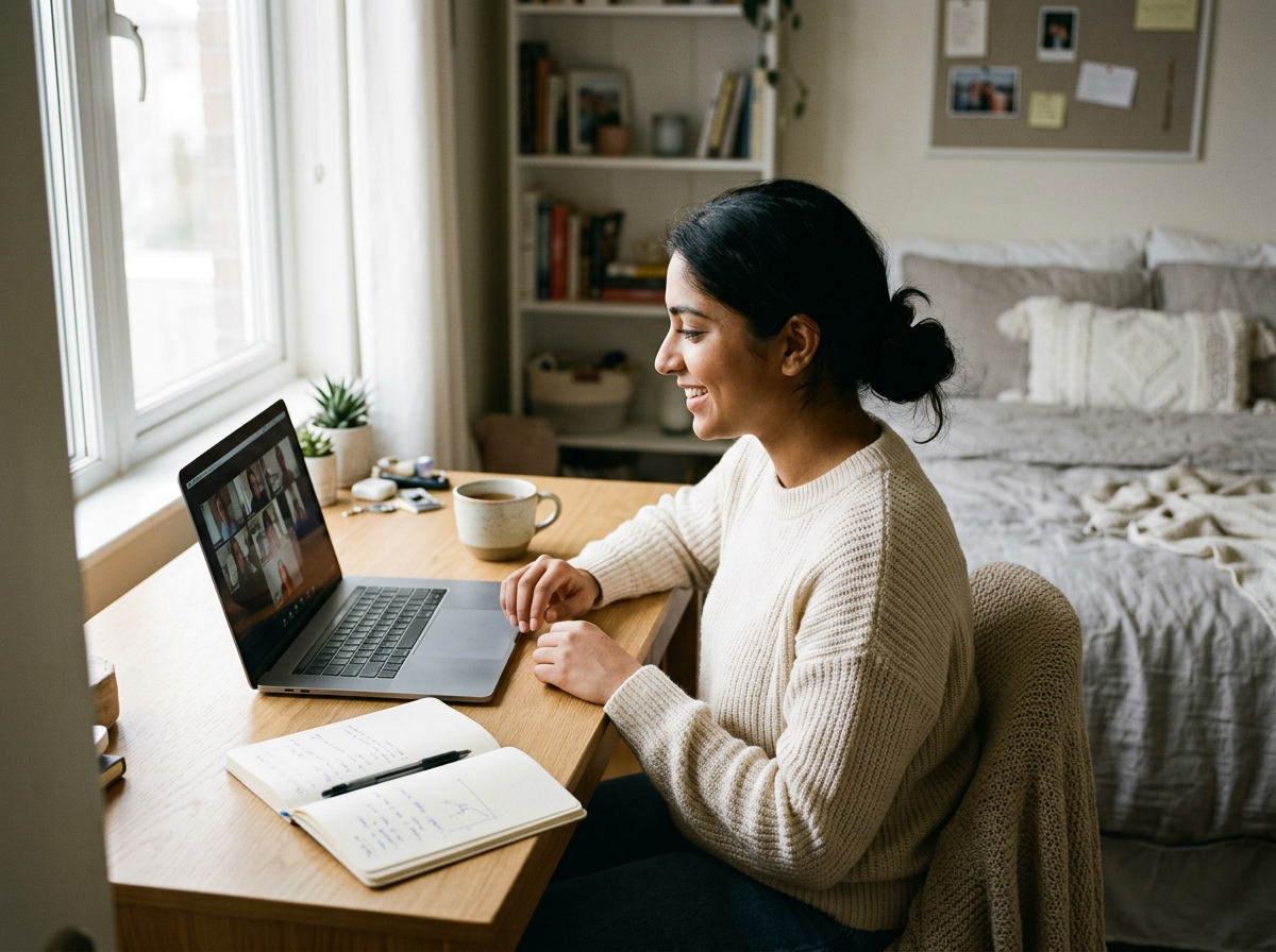 Young person on a video call on a laptop in their bedroom, with a notebook beside them