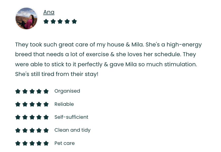 Customer review praising pet care service, mentioning a dog named Mila and positive traits like organized, reliable, and energetic.