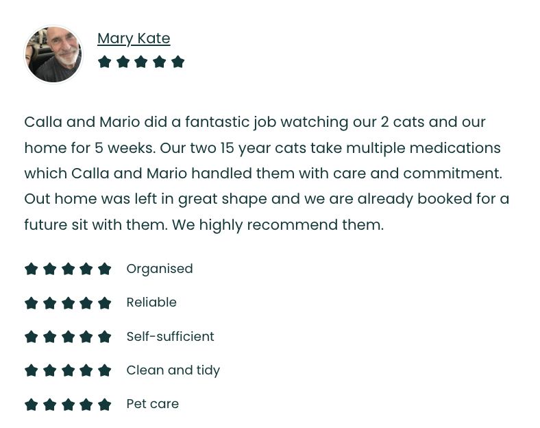 Customer review for pet sitting service with five-star rating and comments about cats and service quality.