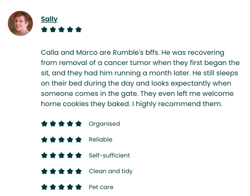 A customer review for Rumble's pet sitting service, praising the staff for their caring and reliable care of her dog, with a photo of a woman and five-star ratings.