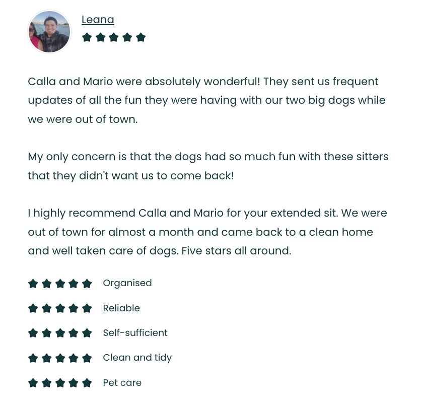 Customer review for pet sitting service praising the caretaker for their trustworthiness and quality care, including star ratings for organization, reliability, independence, cleanliness, and pet care.