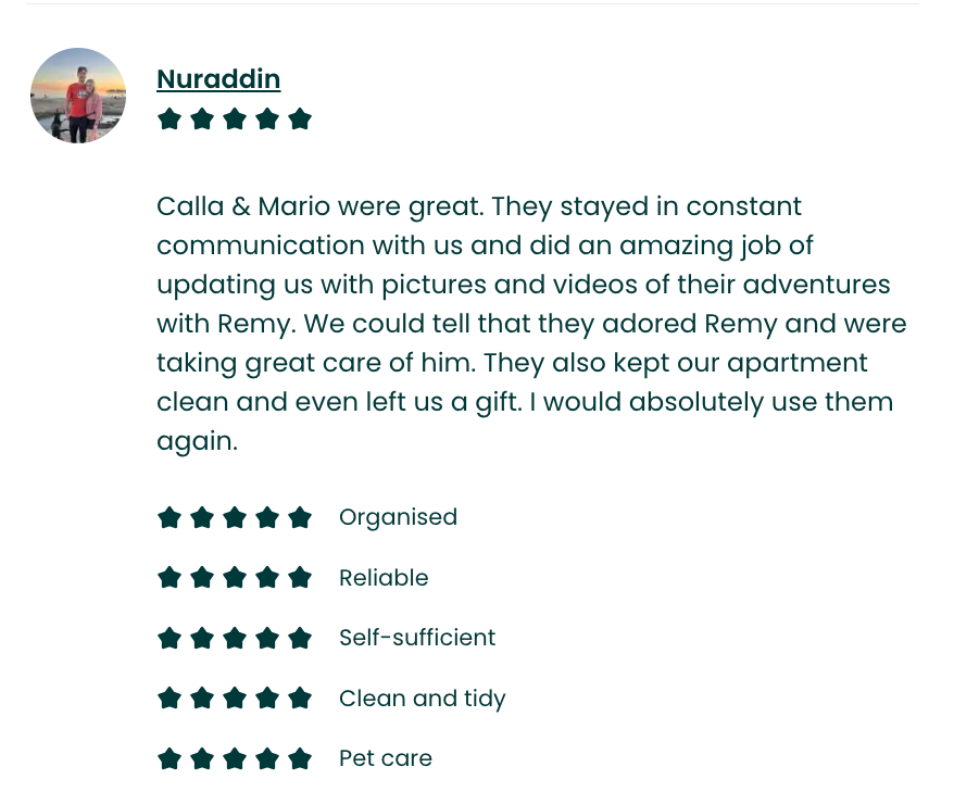 Screenshot of a review for Calla & Mario, praising their communication, care for the pet, and apartment cleanliness. Includes a 5-star rating and a list of attributes with 5-star ratings: Organized, Reliable, Self-sufficient, Clean and tidy, and Pet care.