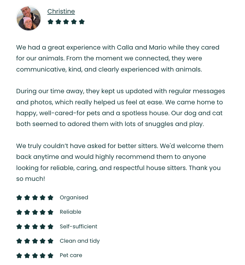 Customer testimonial text praising a pet sitting service with a photo of a smiling man and woman, and a list of five-star ratings highlighting organizer, reliable, self-sufficient, clean and tidy, and pet care.