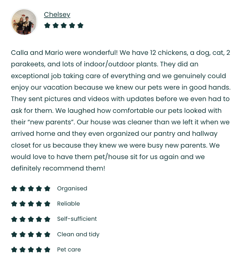 Customer review praising pet sitting service, including photos of pets and text with star ratings for qualities like organized, reliable, self-sufficient, clean, tidy, and good pet care.