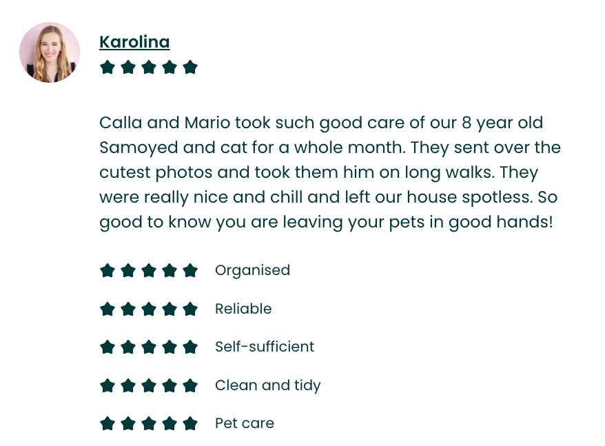 Testimonial review from Karolina praising Calla and Mario for taking care of her 8-year-old cat, Samoyed, with photos and long walks. Highlights include organized, reliable, self-sufficient, clean, and caring pet sitters.