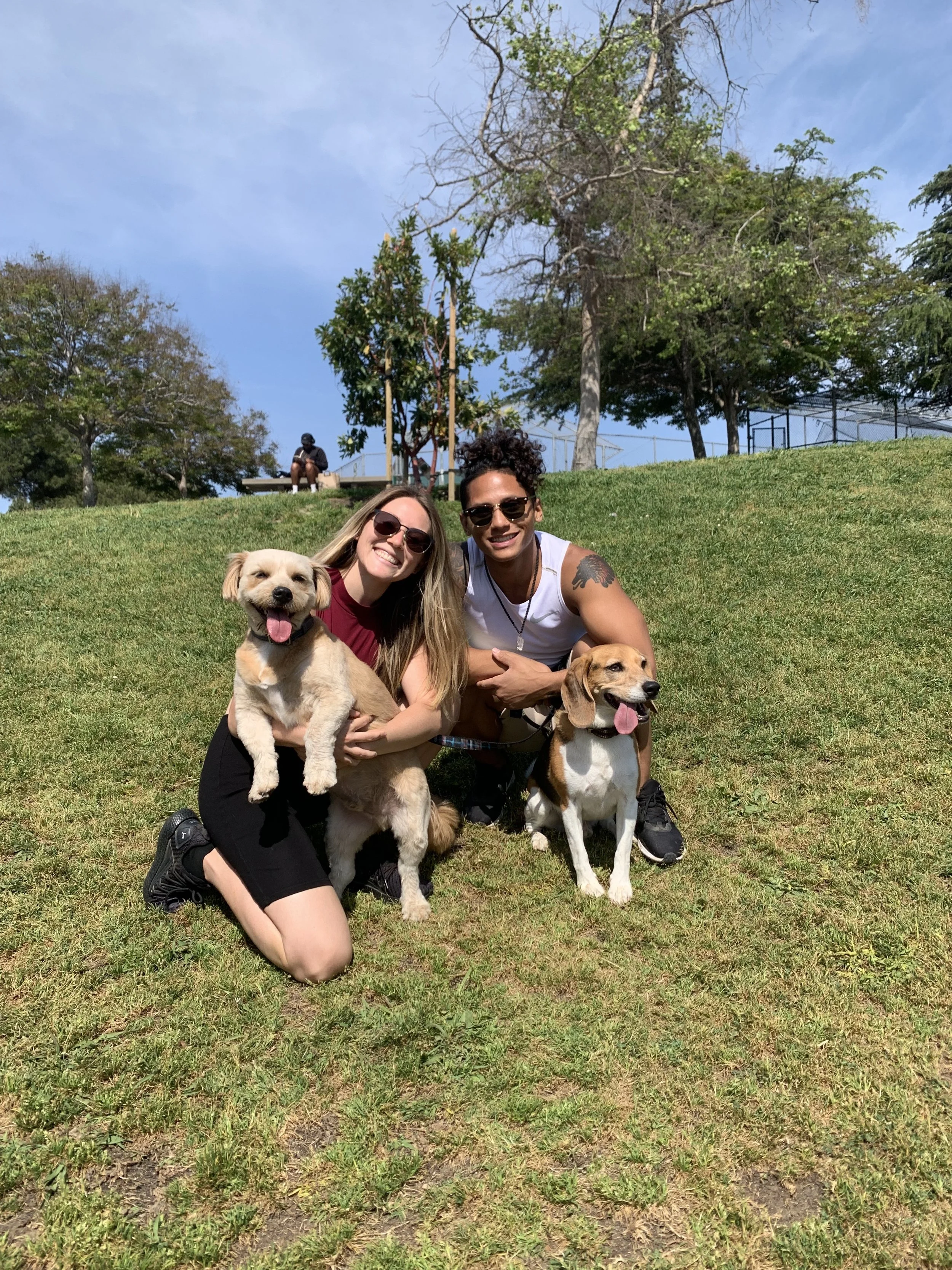 Two women and two dogs at a park on a sunny day, with trees and a bench in the background.