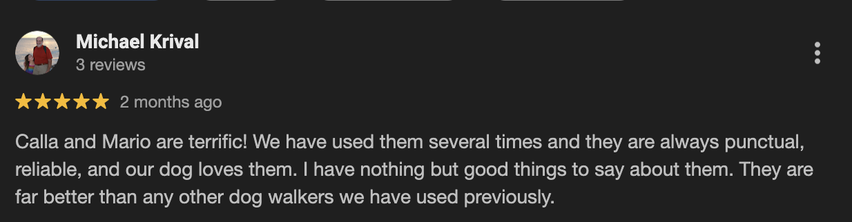 Review of Calla and Mario, recommending them for dog walking services, praising their punctuality and reliability.