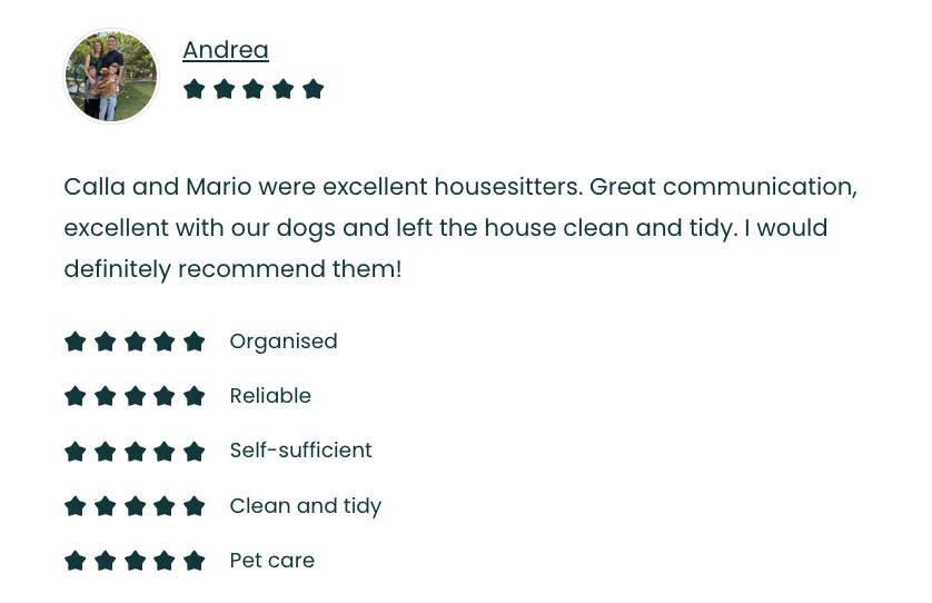 Customer review with a profile picture of a person and a 5-star rating, praising house sitters for good communication, cleanliness, and pet care.