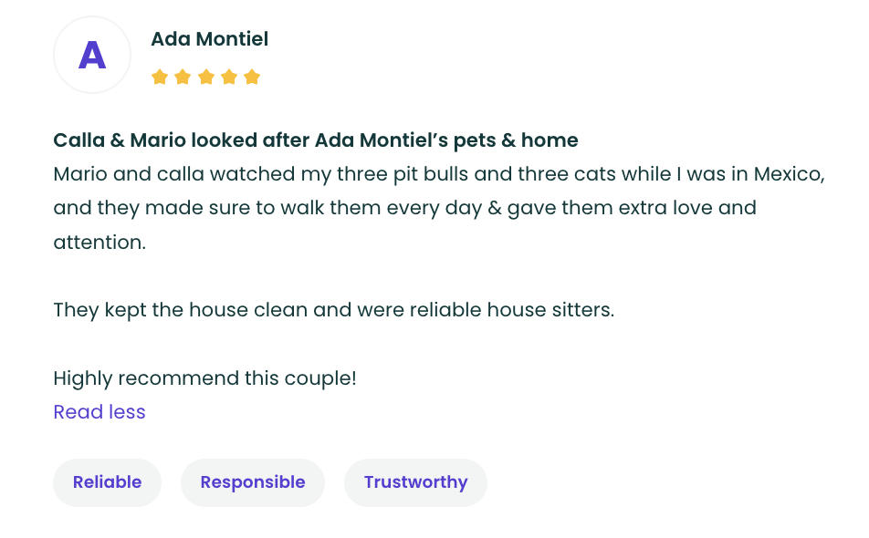 Review for Ada Montiel praising Calla and Mario for watching their pets while she was in Mexico, mentioning they took care of three pit bulls and three cats, kept her house clean, and were reliable house sitters.