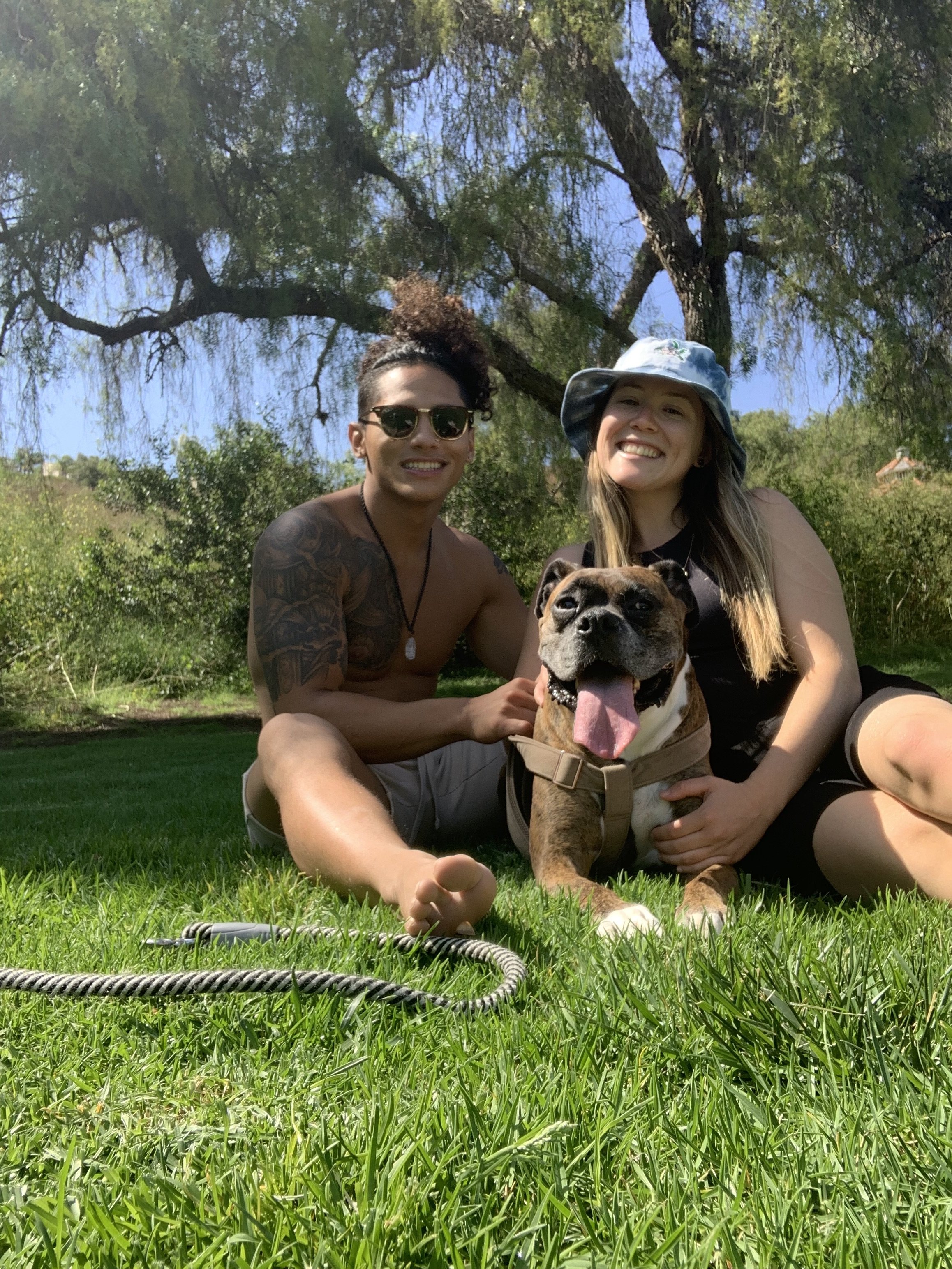 A smiling couple sitting on grass with a happy dog, under a tree in a park or backyard during sunny day.