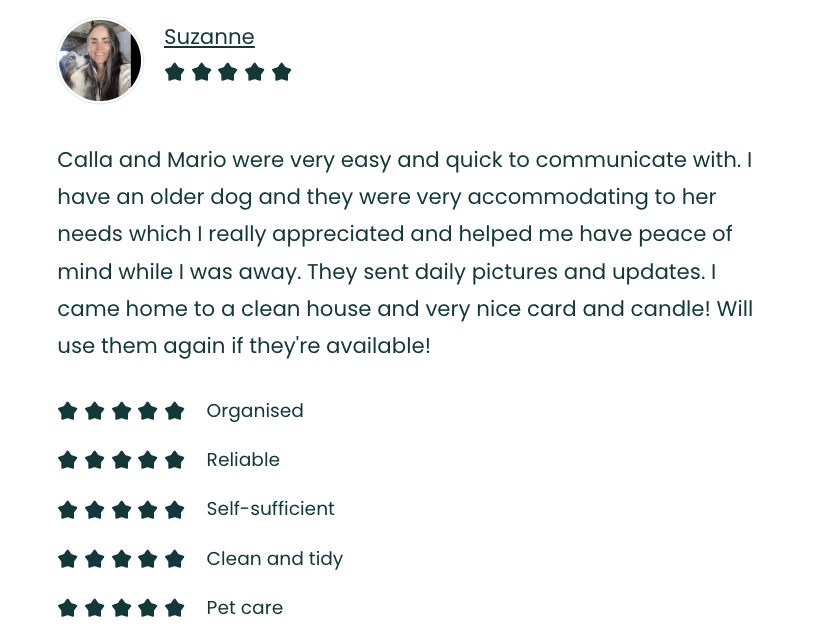 A customer review for Calla and Mario, a pet care service, praising their communication, reliability, organization, self-sufficiency, tidiness, and pet care.