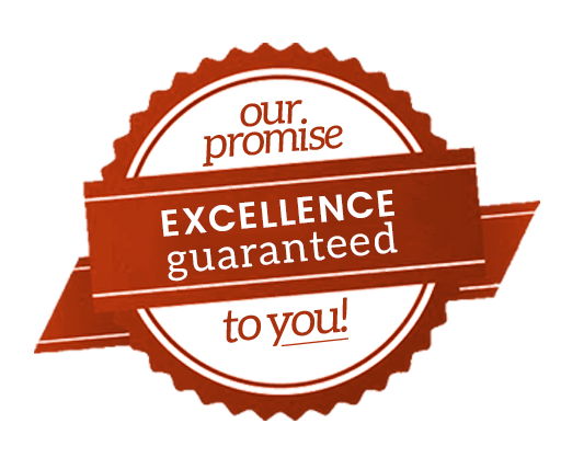 Seal or badge with text that reads 'our promise of excellence guaranteed to you!'