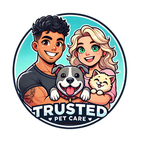 Cartoon illustration of a happy family with a man, woman, dog, and cat, promoting trusted pet care.