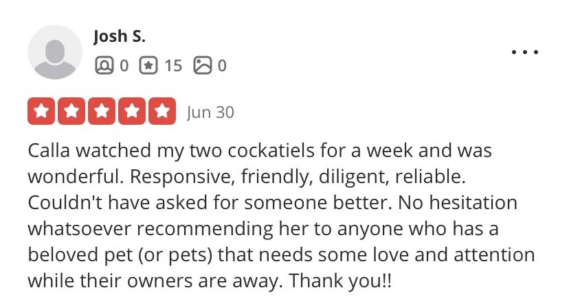 A screenshot of a five-star review for Calla, a pet care service, written by Josh S. on June 30. The review praises Calla for caring for the reviewer's two cockatiels, describing her as responsive, friendly, diligent, and reliable, and recommends her for pet owners needing attention for their pets when away.