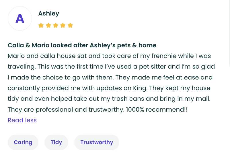Online review with five-star rating for pet sitting service, praising professionalism, trustworthiness, and tidiness.