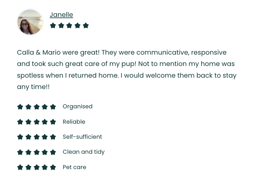 Customer review for pet care services with a profile picture of a woman with curly hair and sunglasses, along with five-star ratings and positive comments about the pet care experience.