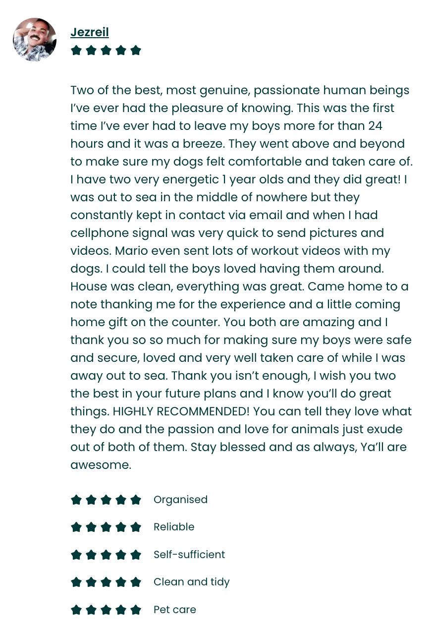 Screenshot of a five-star review on a website about pet care, with a profile picture of a smiling person, written in praise of pet sitting services.