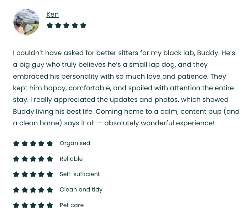 Customer review for a pet sitting service, expressing satisfaction with a dog named Buddy, describing him as a happy, loved, and well-cared-for black lab and providing ratings for organization, reliability, self-sufficiency, cleanliness, and pet care.