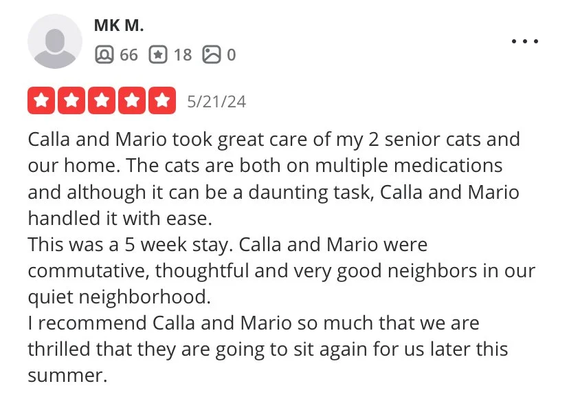 Screenshot of a review praising Calla and Mario for caring for two senior cats on multiple medications, mentioning their kindness and recommendattion for future pet sitting, dated May 21, 2024.