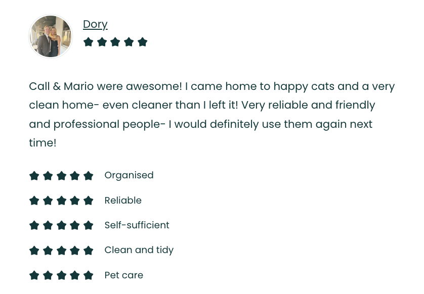 Customer review for a cleaning service, with five-star ratings and positive comments about their house and pet care.