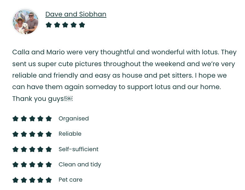 Text review praising Calla and Mario for being thoughtful and reliable pet sitters, mentioning their sent pictures and support for Lotus and the home, with five-star ratings for organisation, reliability, self-sufficiency, tidiness, and pet care.