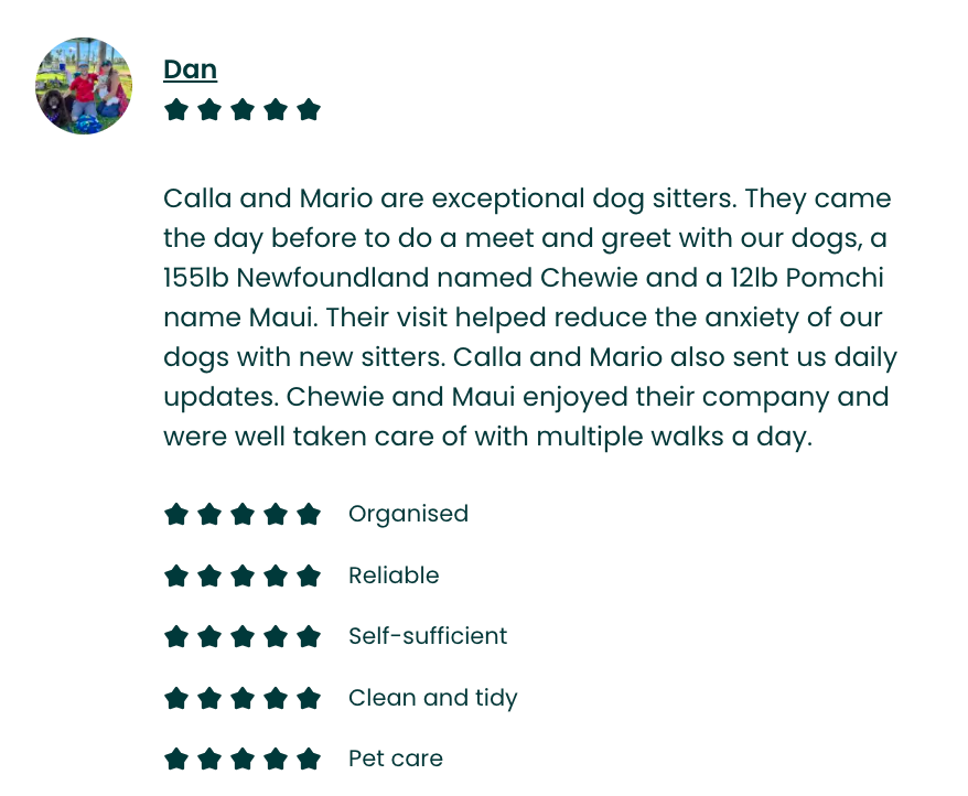 Customer review praising dog sitters Calla and Mario, with star ratings and comments about their organization, reliability, self-sufficiency, cleanliness, and pet care, accompanied by a small profile picture.