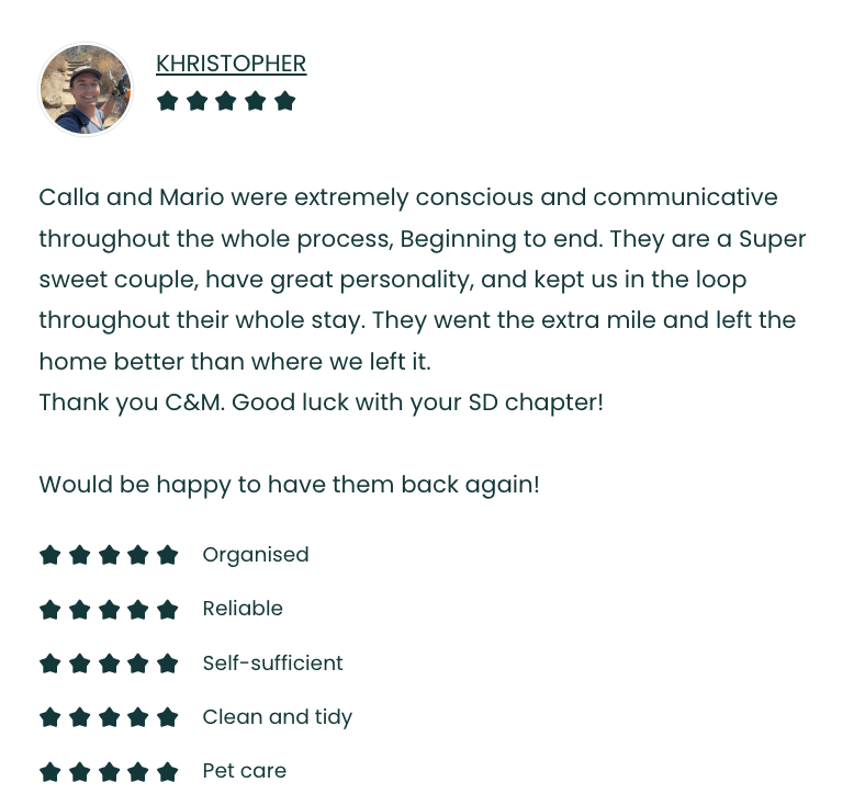A letter of review for Calla and Mario, praising their communication, personality, and reliability. The review includes a five-star rating for organization, reliability, self-sufficiency, cleanliness, and pet care.