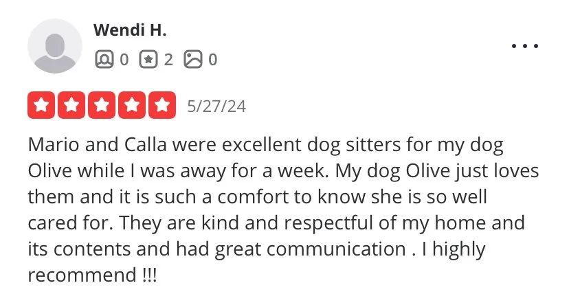 Screenshot of a review on a pet sitting service by Wendi H., rated five stars, dated 5/27/24, praising dog sitters Mario and Calla for caring for her dog Olive.