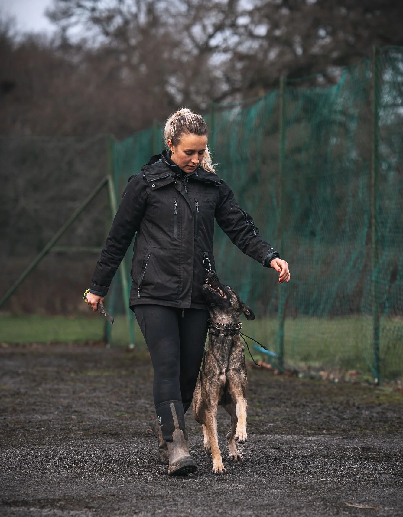 A woman in a black jacket and black pants training a German Shepherd on a leash outdoors on a cloudy day.