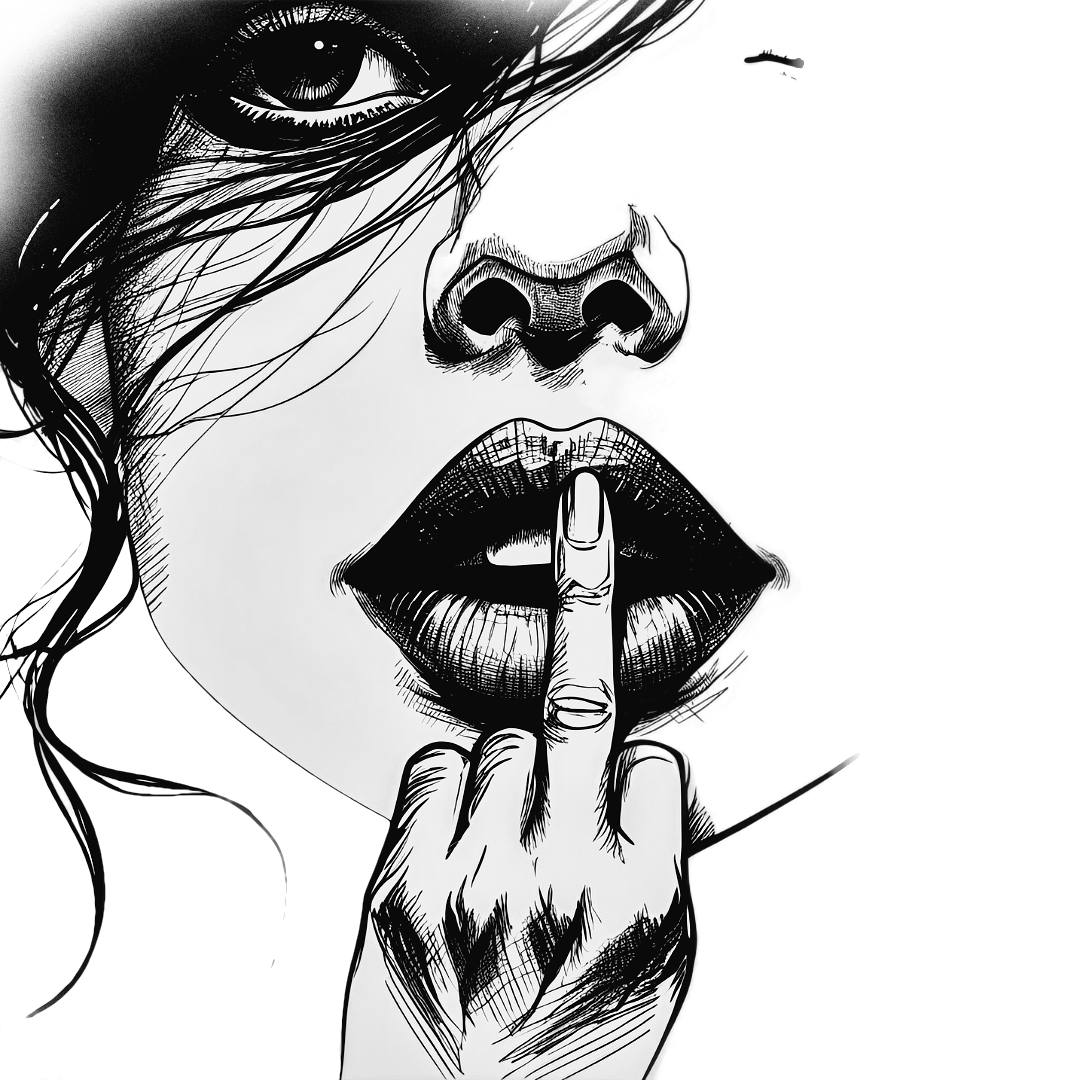 line drawing of a woman holding a finger to her lips