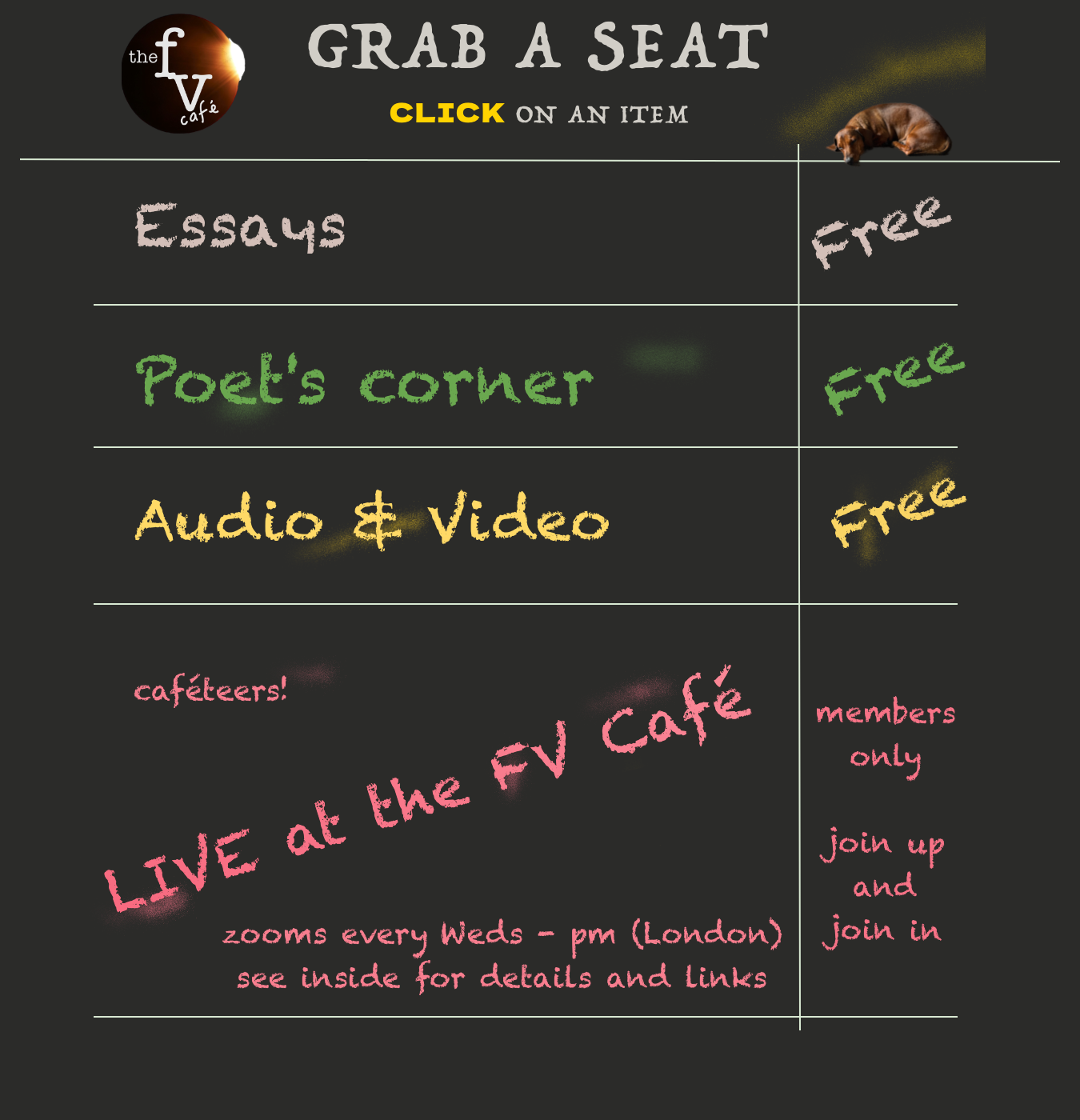 colorful handwritten-style text on a dark background. The chalkboard lists essays, poet's corner, and audio & video. It also advertises live café sessions via Zoom every Wednesday at 2pm, London time, exclusive to members, with details inside.