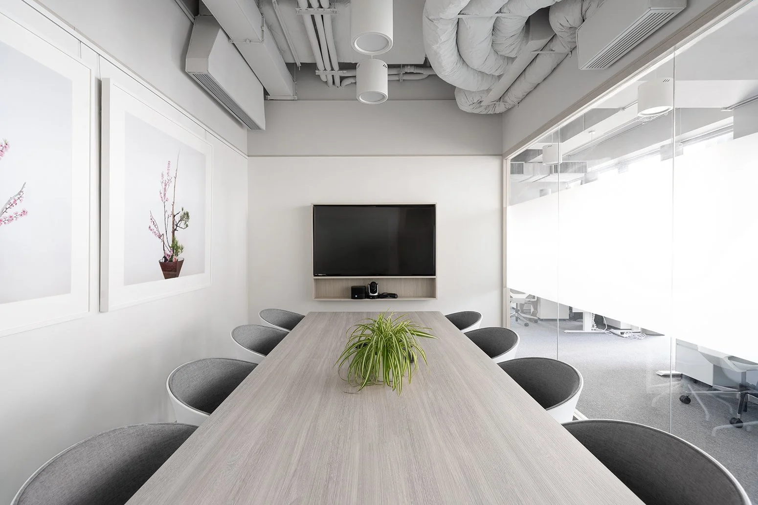 Panthevm Partners office by Wan Fang Construction showing conference room with a wooden table, grey chairs, green plants for a bright, collaborative workspace in Hong Kong, Central.