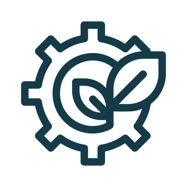 Icon of a gear with leaves inside, representing eco-friendly or sustainable technology.