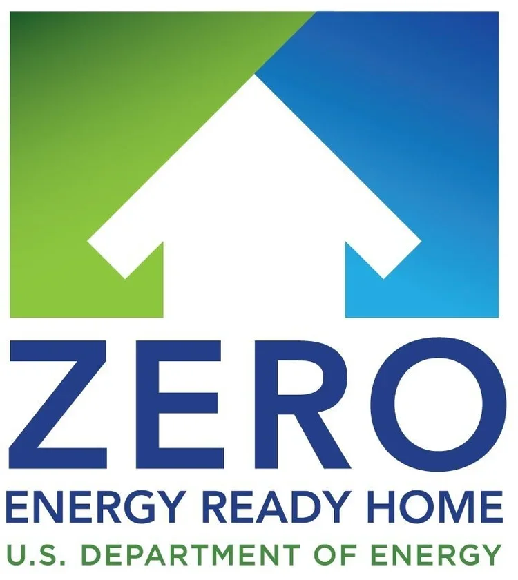 Logo for Zero Energy Ready Home, U.S. Department of Energy, featuring a stylized house arrow pointing upward with green and blue sections.