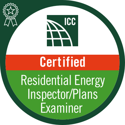 ICC Certified Residential Energy Inspector/Plans Examiner badge with green and red sections.
