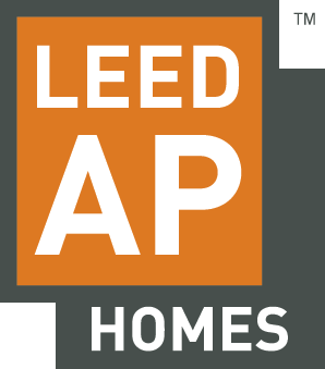 LEED AP Homes logo on a gray background with an orange square and white text.