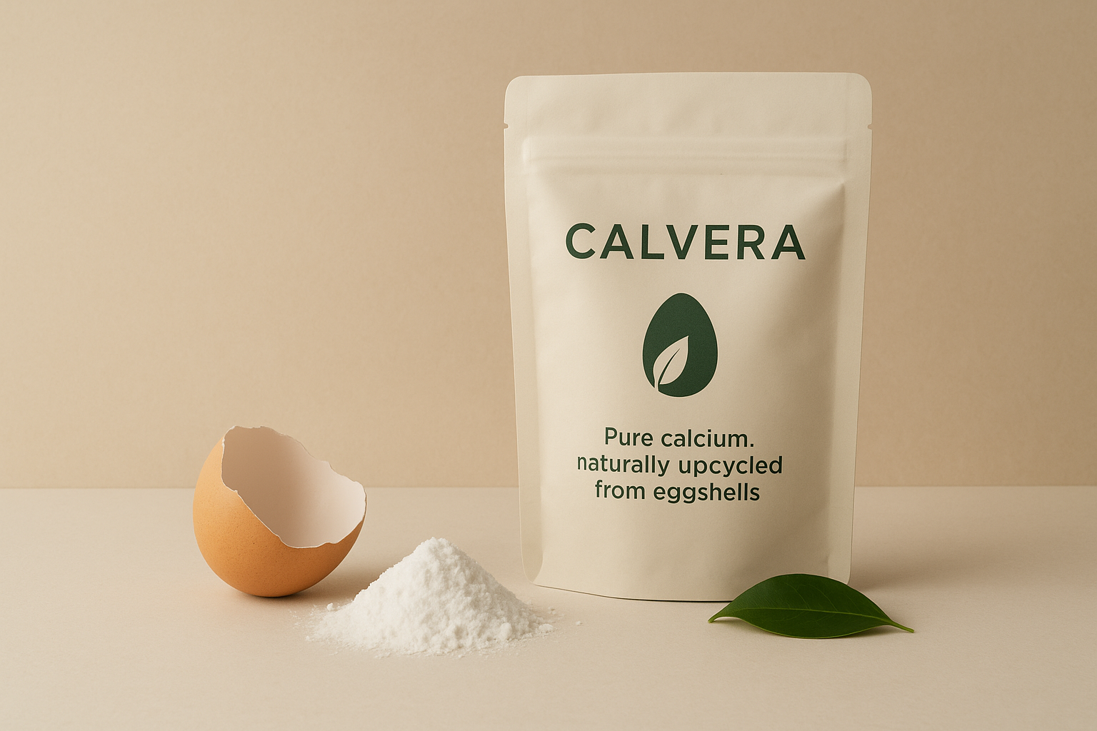 Calvera brand calcium supplement powder in a white resealable bag, next to a cracked eggshell, a small pile of white powder, and a green leaf on a neutral background.