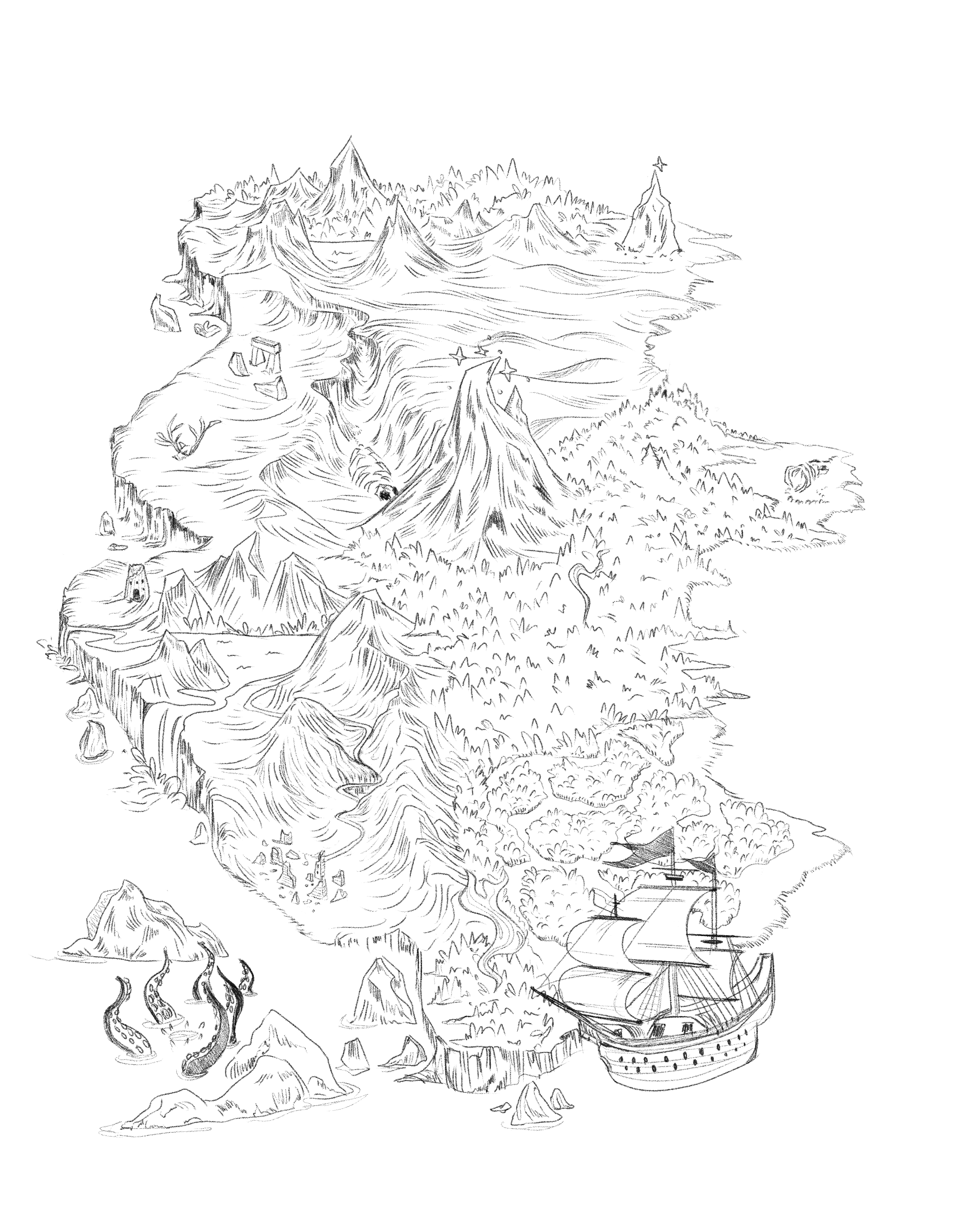 This was the map I edited after the play test. Changes included making the abandoned Fae Settlement look more like ruins, adding gold glimmers to Devil's Ridge, getting rid of the shipwreck to the east, refining the Fae Weystone, tidying the Boggy Ma