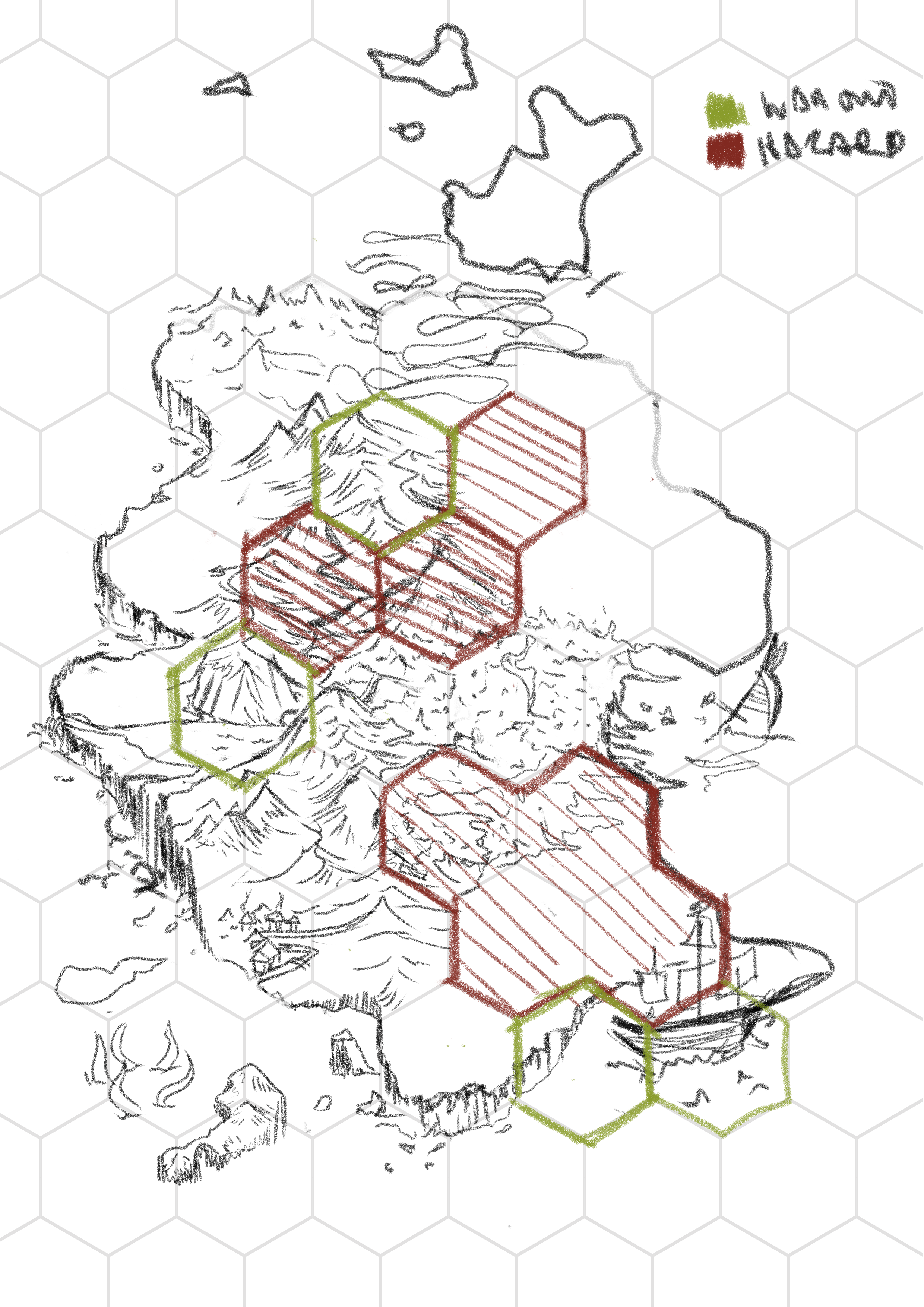 My second draft where I began to add interesting landmarks and started questioning what those escape points might look like, and what kind of challenges players would need to overcome in order to get to them.