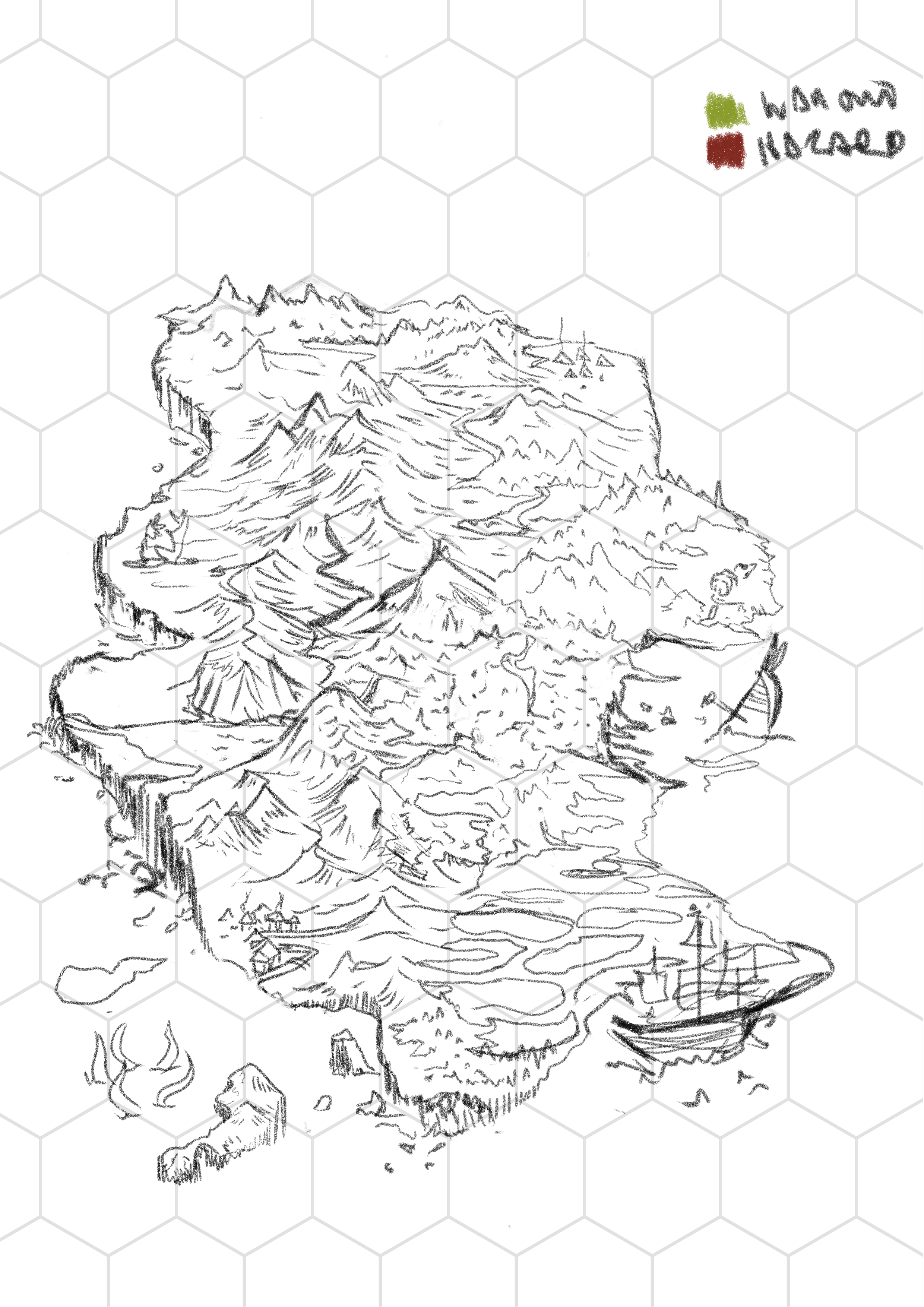 This stage of map development included me refining hazards and landmarks, but I wasn't
happy with how uniform a lot of the landscape was.