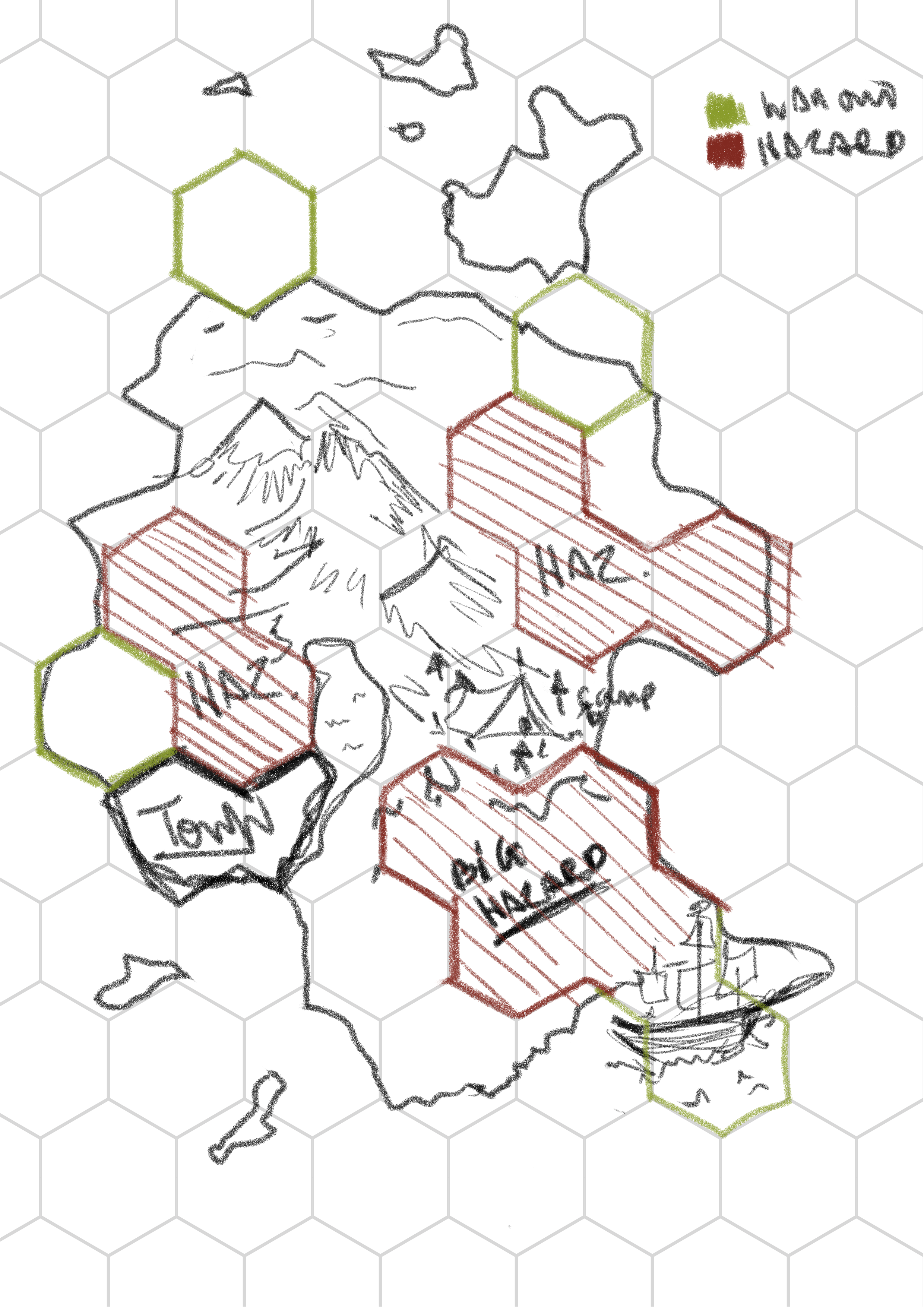 My first map draft , where I aimed to include the starting hex, all the exit points off the island, as well as their critical paths, and all the key hazards.