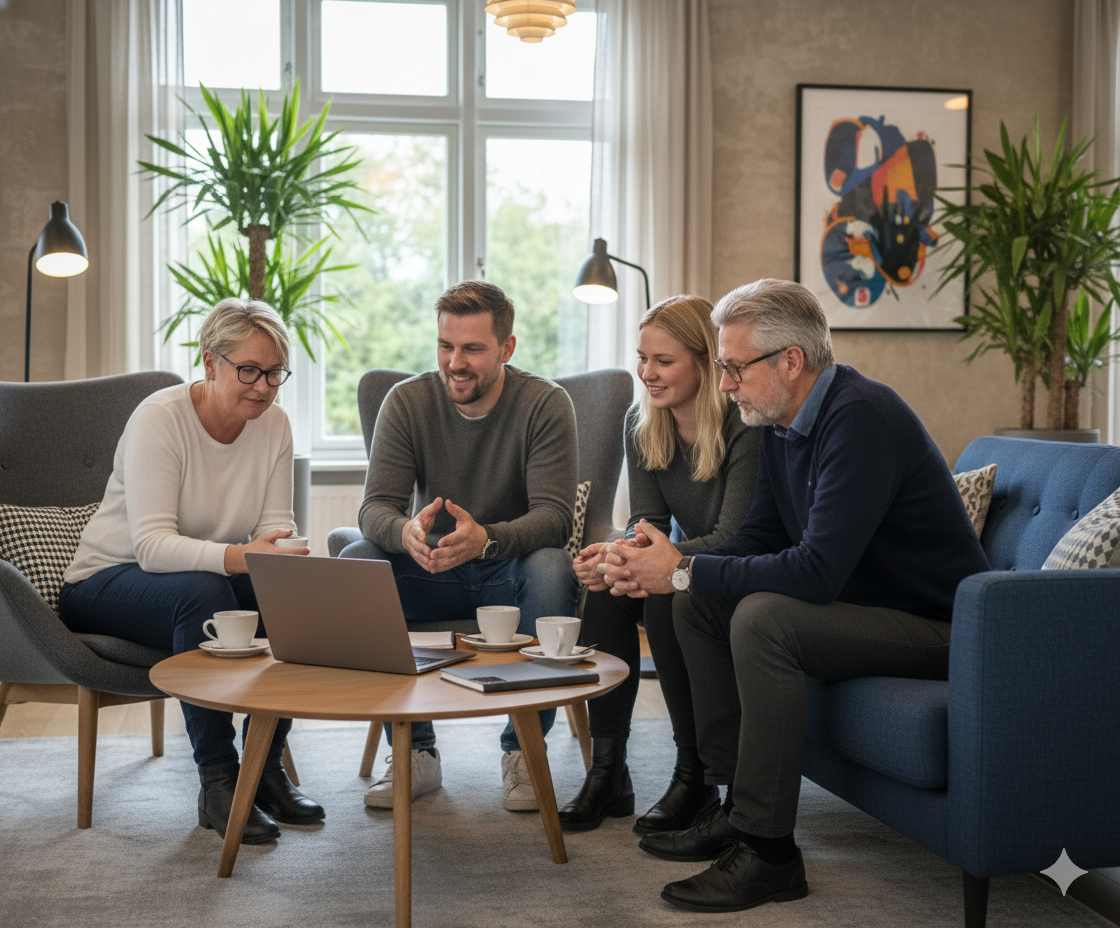 Fem personer sidder omkring et rundt sofabord med en laptop, snakker og smiler i en stue med store vinduer, grønne planter og abstrakt vægkunst.