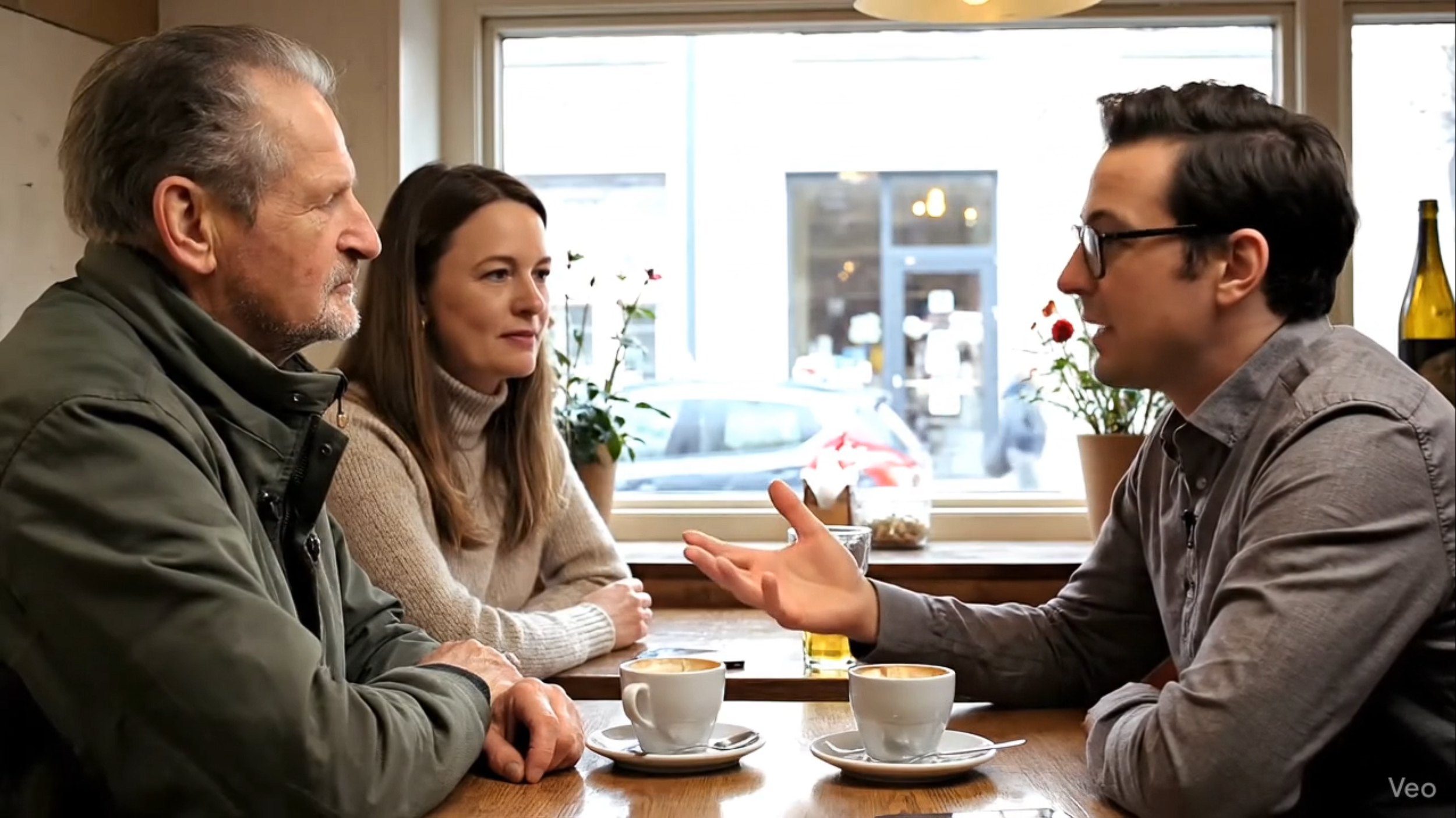 Tre voksne personer sidder ved et bord i en café og taler med hinanden, der er kopper med kaffe på bordet.