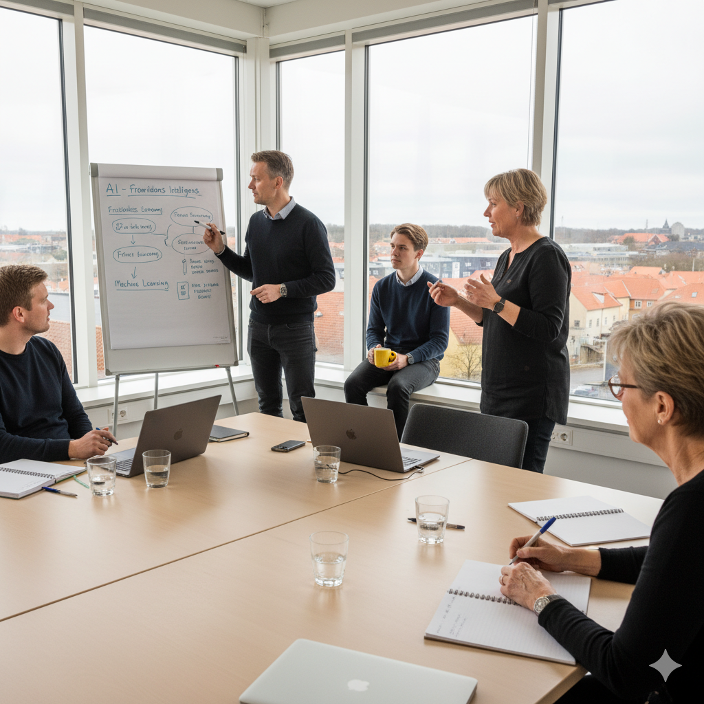 Et gruppe mennesker deltager i et møde i et konferencerum med store vinduer. En mand står ved en whiteboard og forklarer, mens to kvinder og to mænd lytter opmærksomt.