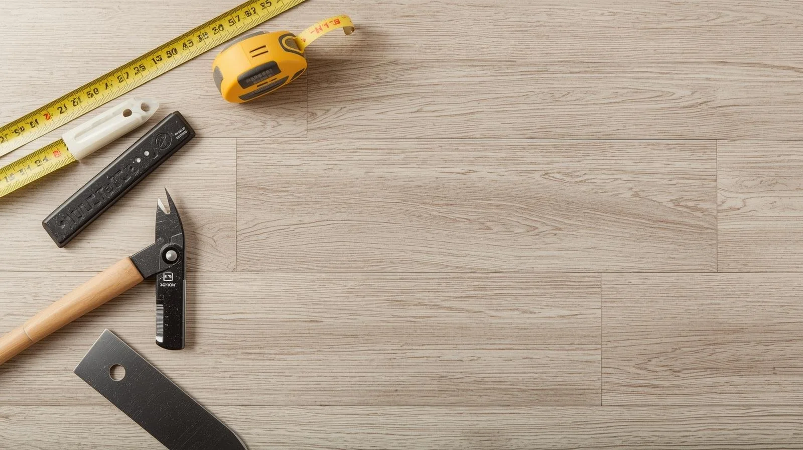 Tools on a light wood floor including a yellow tape measure, a white pencil, a black level, a hammer, and a metal ruler.