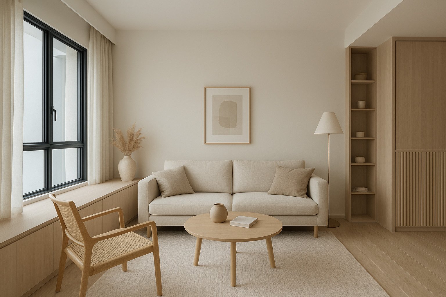 Minimalist living room with a beige sofa, wooden coffee table, armchair, large window with white curtains, and neutral decor.